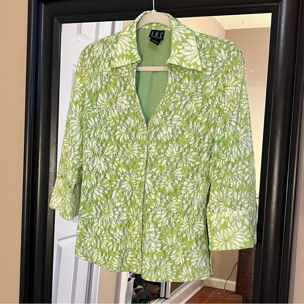 I.N.C. Green and White Leaf Print Blouse